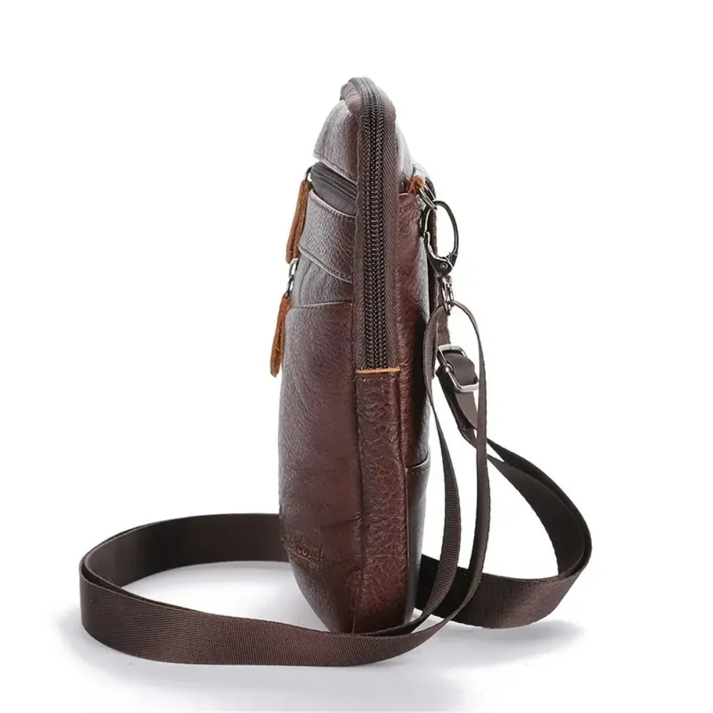 Versatile Small Brown/Black Leather Crossbody Handbag for Men, Perfect Casual Camping with Phone Wallet and Satchel Pocket