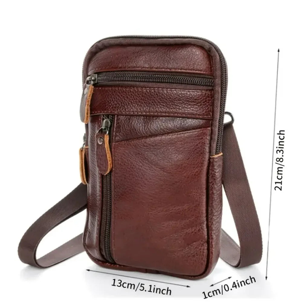 Versatile Small Brown/Black Leather Crossbody Handbag for Men, Perfect Casual Camping with Phone Wallet and Satchel Pocket