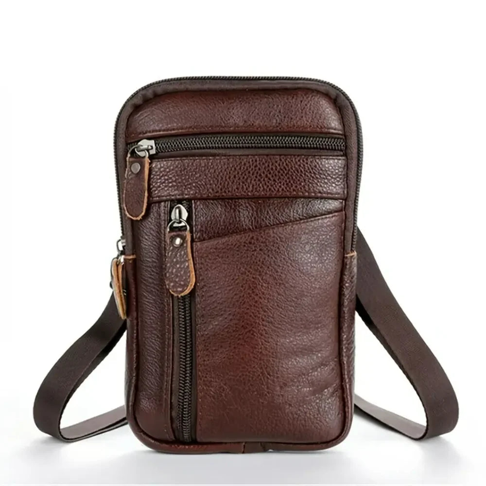 Versatile Small Brown/Black Leather Crossbody Handbag for Men, Perfect Casual Camping with Phone Wallet and Satchel Pocket