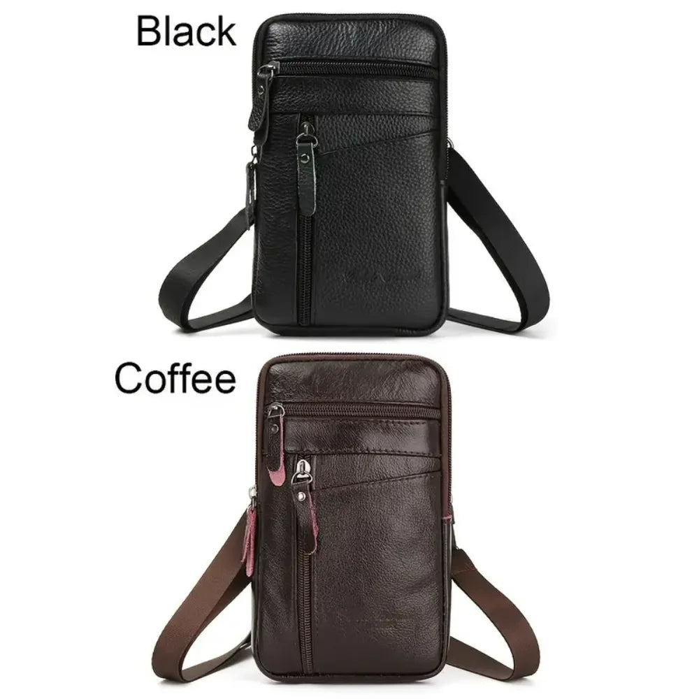 Versatile Small Brown/Black Leather Crossbody Handbag for Men, Perfect Casual Camping with Phone Wallet and Satchel Pocket