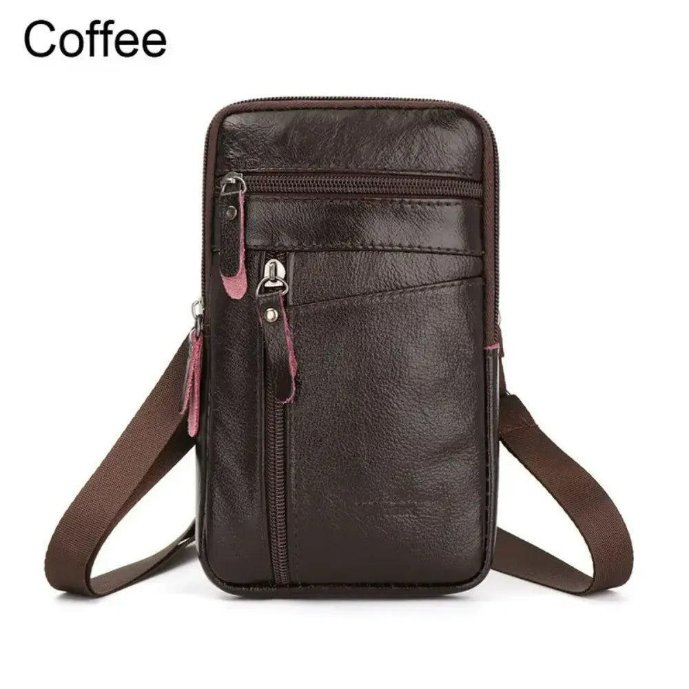 Versatile Small Brown/Black Leather Crossbody Handbag for Men, Perfect Casual Camping with Phone Wallet and Satchel Pocket
