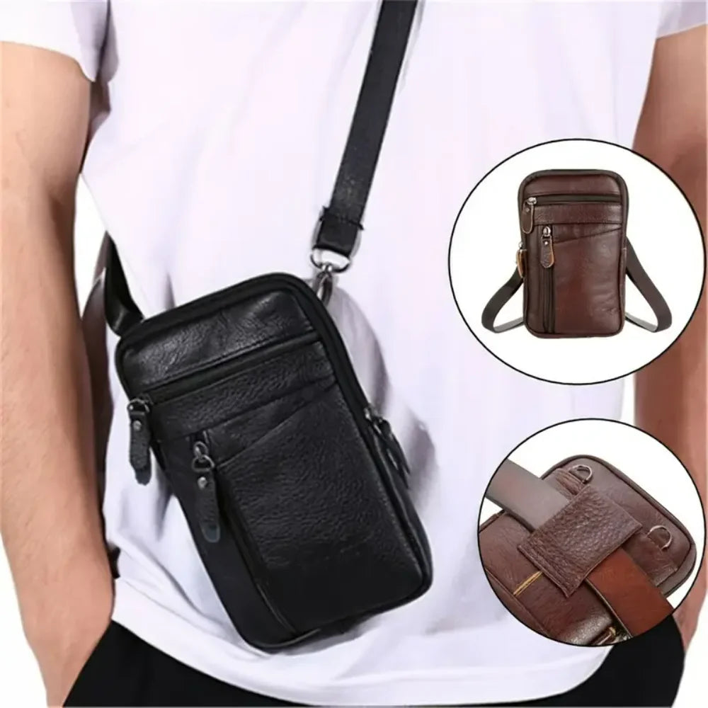 Versatile Small Brown/Black Leather Crossbody Handbag for Men, Perfect Casual Camping with Phone Wallet and Satchel Pocket